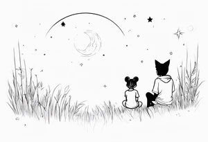 sitting from behind looking at the stars, a little girl and a fox sitting in the grass tattoo idea