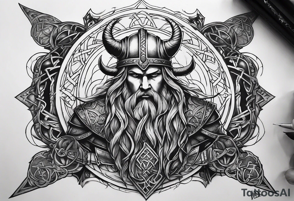 Make a viking shest tattoo dat cover the howl chest use symbol the triple horns and the symbol web of wyrd tattoo idea
