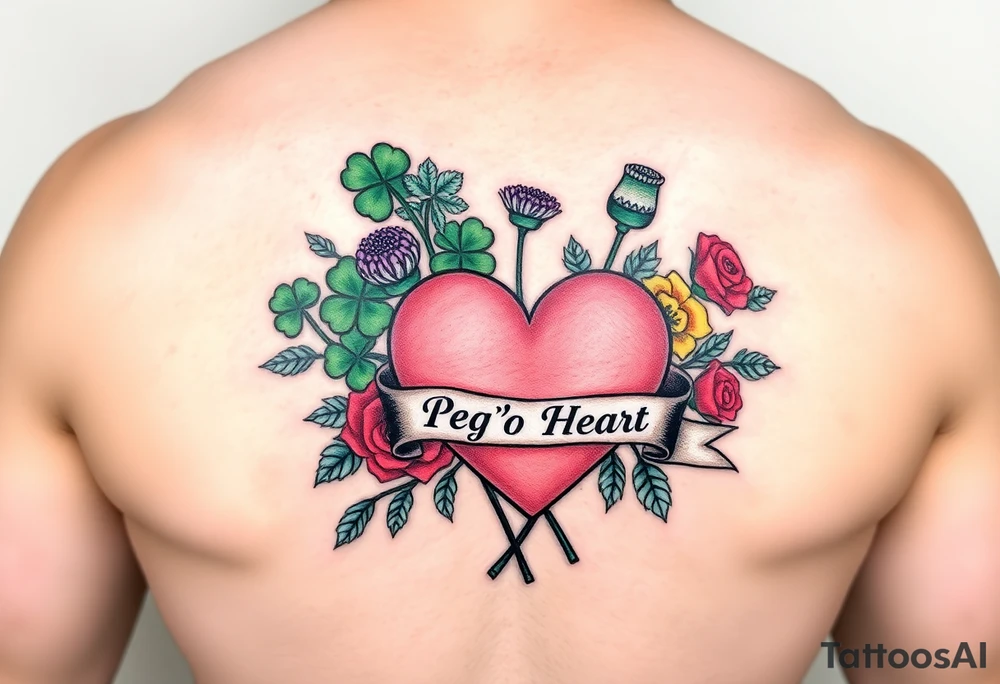 Bunch of Green shamrocks & a few purple thistles and a few red & yellow roses with a big Pink heart and a banner across the heart that says " Peg 'o My Heart" tattoo idea