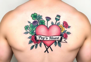 Bunch of Green shamrocks & a few purple thistles and a few red & yellow roses with a big Pink heart and a banner across the heart that says " Peg 'o My Heart" tattoo idea