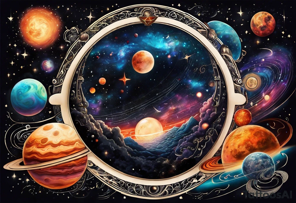 A tattoo featuring a cosmic scene with planets, black holes, and supernovae intertwined with intricate linguistic symbols, reflecting the client's interests in cosmology and linguistics. tattoo idea