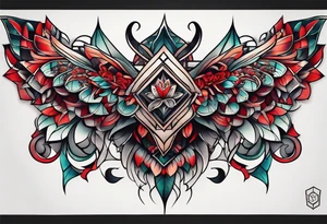 semi Detailed neo traditional knee tattoo on paper. The tattoo features geometric patterns and bold lines, creating a visually striking design with slight tints of deep red. tattoo idea