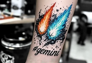 A twin comet design, one burning in fiery orange and the other glowing in icy blue, crashing into each other with word !gemini" underneath. tattoo idea