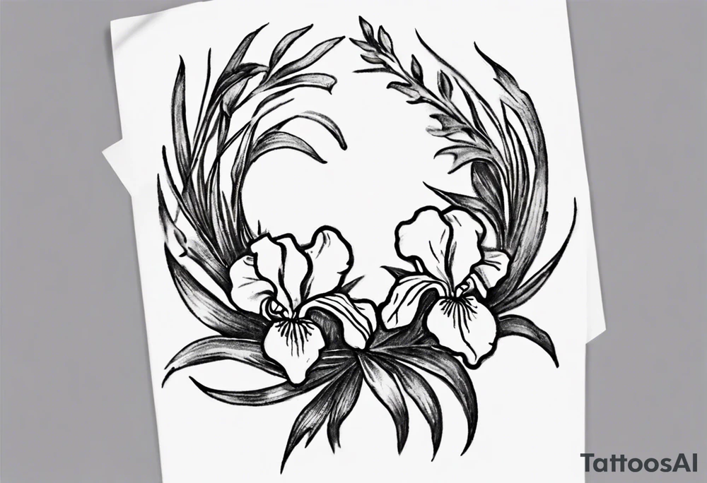 Create a small Vincent van Gogh Irises tattoo. The tattoo should take the form of a crescent, with vines gracefully intertwining at a central point in the middle of the wreath. Ensure that the design avoids the appearance of a bush and maintains a more structured and deliberate arrangement. The intended placement is on the upper chest. The overall design should be small in size while maintaining a delicate and artistic aesthetic. Pay attention to the graceful flow of the vines and the placement of the irises to achieve a refined and elegant look. tattoo idea