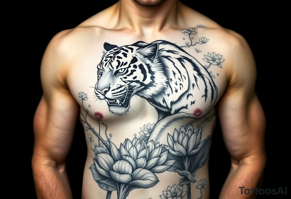 fierce tiger emerging through blooming lotus forrest in mist tattoo idea