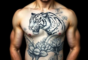 fierce tiger emerging through blooming lotus forrest in mist tattoo idea