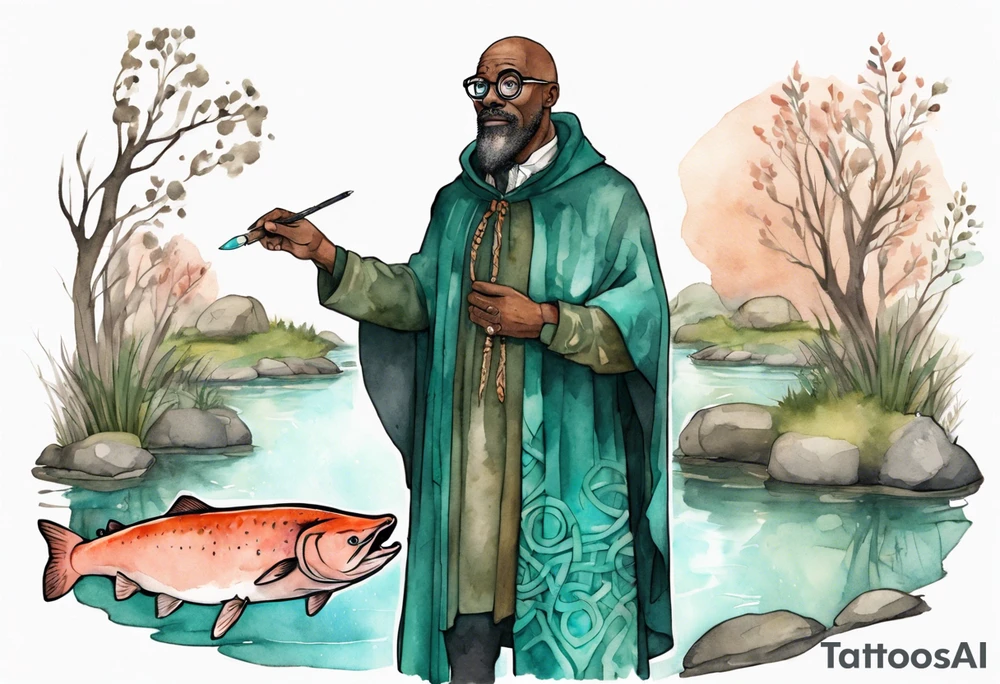 a 50-year-old medieval black man wearing salmon and teal cloak and round glasses standing by a pond with a salmon in it tattoo idea
