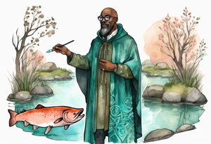 a 50-year-old medieval black man wearing salmon and teal cloak and round glasses standing by a pond with a salmon in it tattoo idea