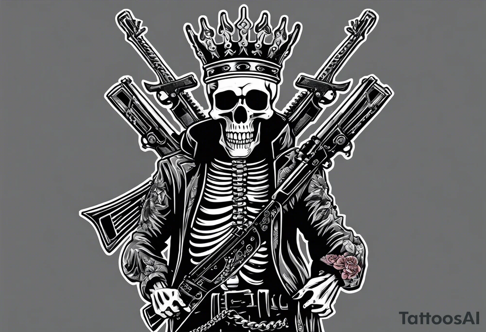 image of a skeleton standing frontally with a crown on his head, holding an AK-47 on his shoulder with his right hand. The chain on the left should be taut, there are three angry barking Dobermans in it, near the waist tattoo idea