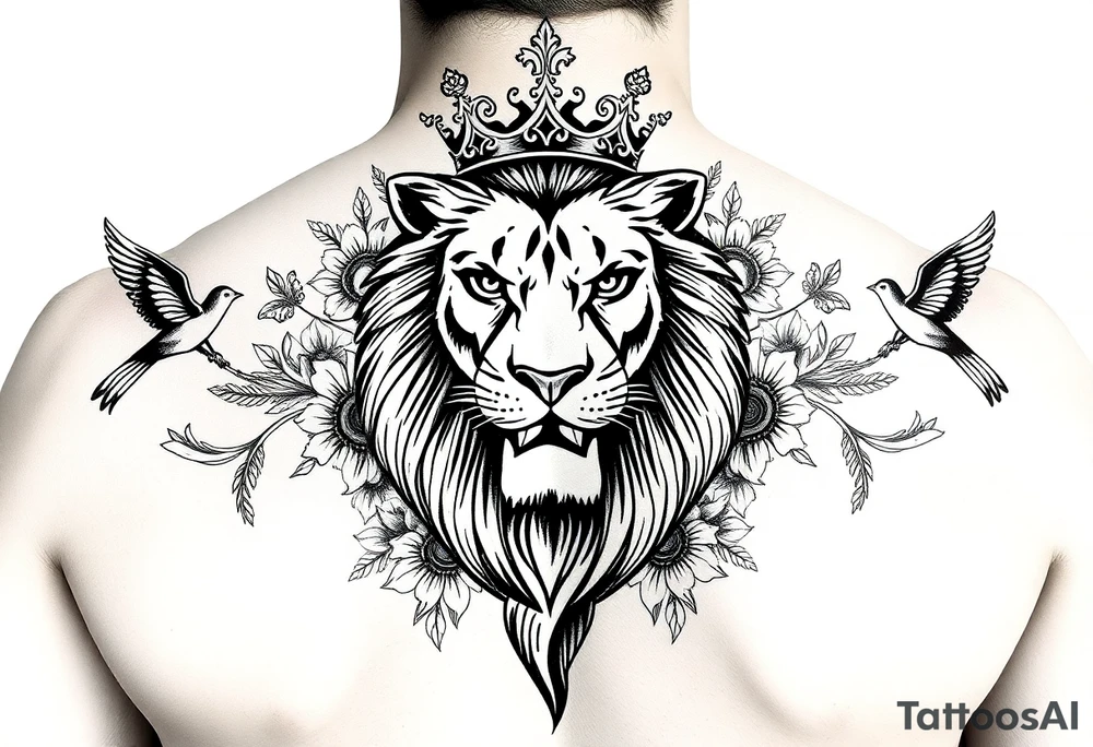 powerful majestic lion with a crown, surrounded by floral ornaments and birds tattoo idea