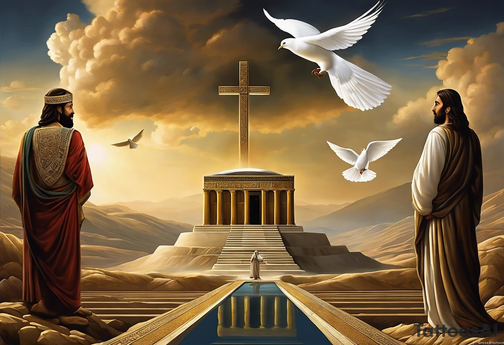 A surreal tattoo and dramatic scene featuring two figures: Cyrus the Great and Jesus Christ, standing side by side. The tomb of Cyrus the Great is in the background, partially visible, symbolizing history and legacy. A white dove is flying gracefully above or near them, symbolizing peace. The image is integrated seamlessly to create a powerful and unified visual representation. The composition should evoke a sense of reverence, unity, and tranquility. tattoo idea