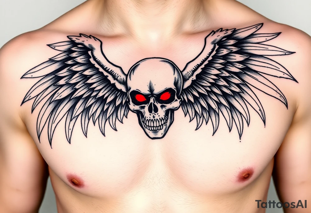 Angel skull black and red on left chest male tattoo idea