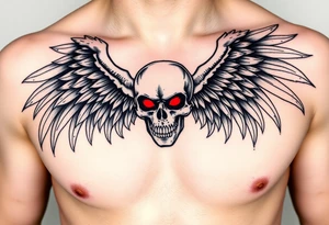 Angel skull black and red on left chest male tattoo idea
