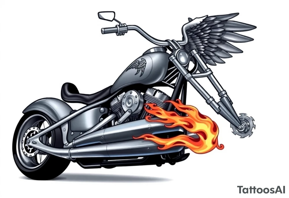 Low rider grey motorcycle, big muffler pipes with flames, angel wings, driving away, no person tattoo idea