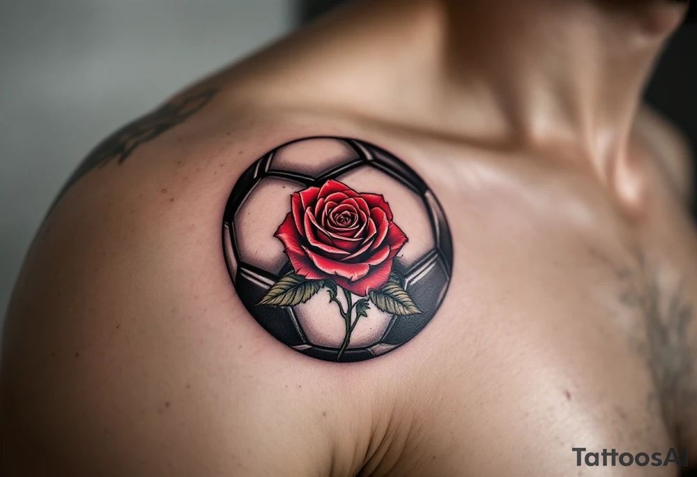 A black and gray soccer ball inked with a red rose growing through its panels. tattoo idea