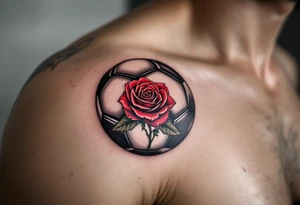 A black and gray soccer ball inked with a red rose growing through its panels. tattoo idea