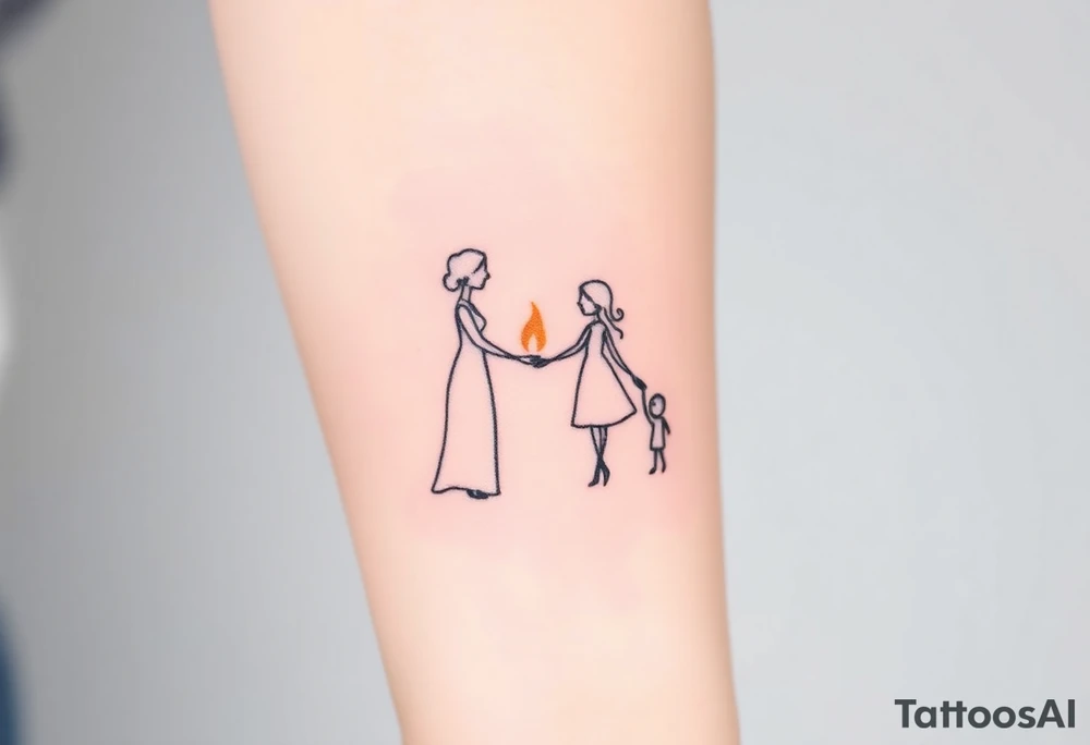 Silhouette of grandmother, mother and daughter passing a flame from oldest to youngest with the flame growing as it goes. tattoo idea