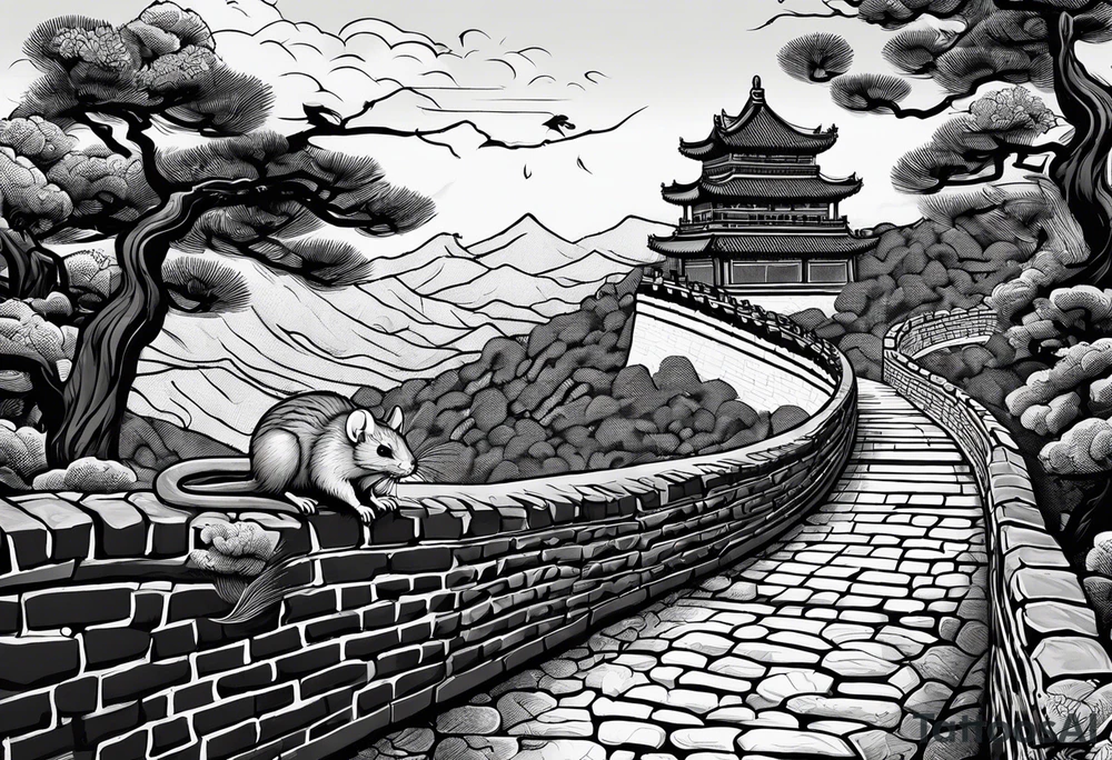 Rat behind Tiger and Snake on the great Wall of China with Temple tattoo idea
