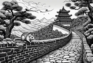 Rat behind Tiger and Snake on the great Wall of China with Temple tattoo idea