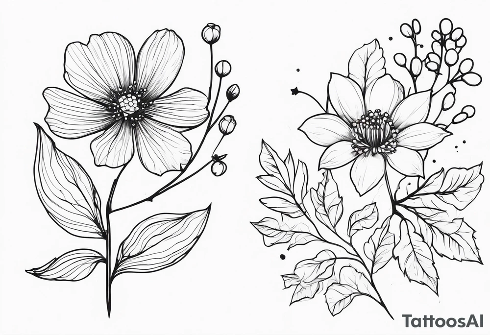 minimalist s-curve of cosmos flower, and rowan tree berries and flowers tattoo idea