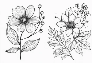 minimalist s-curve of cosmos flower, and rowan tree berries and flowers tattoo idea