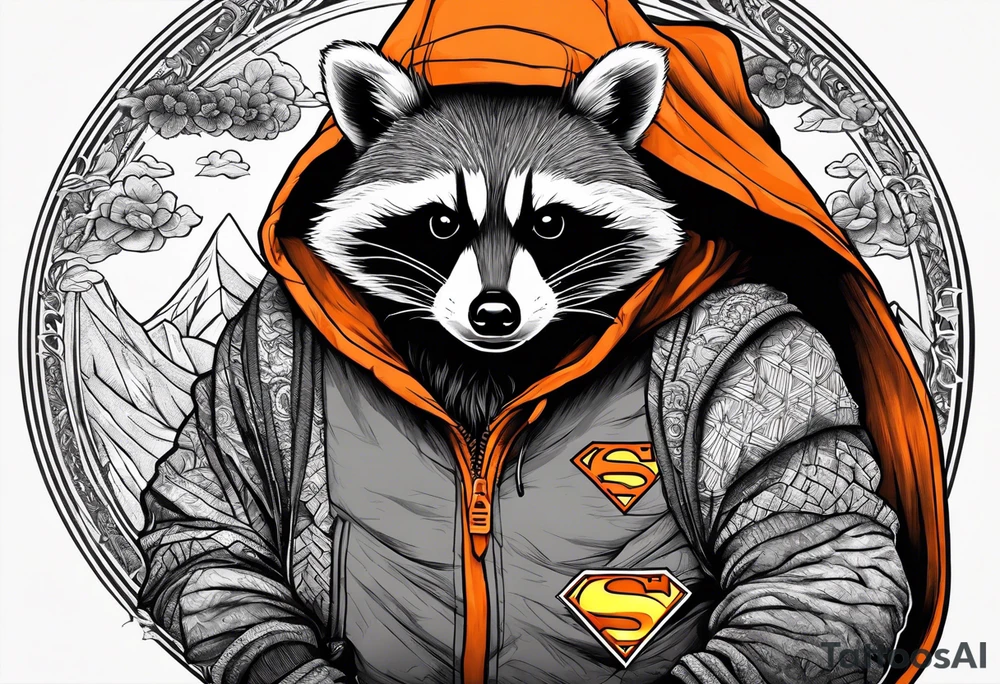 Raccoon wearing an orange Superman hoodie tattoo idea