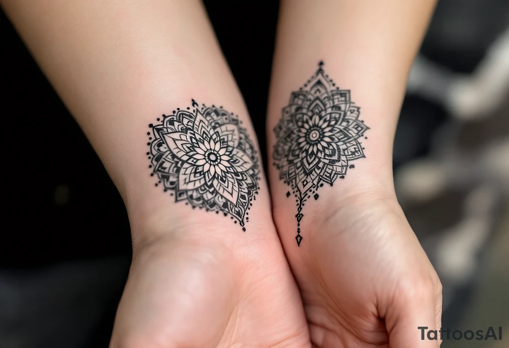Each person wears half of a mandala heart, in black and gray dotwork, which completes when placed together.
Placement: Inner bicep or chest. tattoo idea