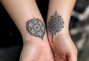 Each person wears half of a mandala heart, in black and gray dotwork, which completes when placed together.
Placement: Inner bicep or chest. tattoo idea