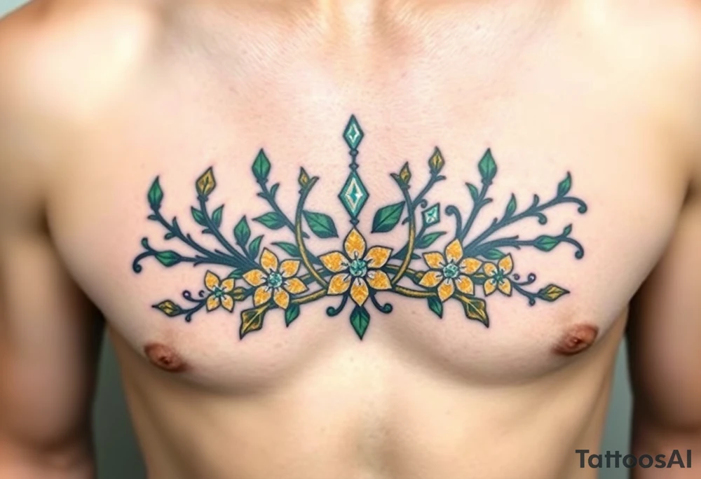 A crown made of intertwined vines with diamond flowers scattered throughout, rendered in green and gold with diamond-like sparkles in white and pale blue. tattoo idea