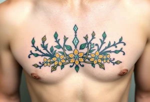 A crown made of intertwined vines with diamond flowers scattered throughout, rendered in green and gold with diamond-like sparkles in white and pale blue. tattoo idea