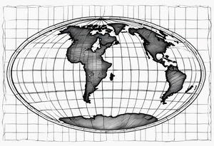 the earth on a flat map with light fading shading placed on a grid with only the lines with accurate depictions of the borders in countries while having it in an oval/circular position tattoo idea