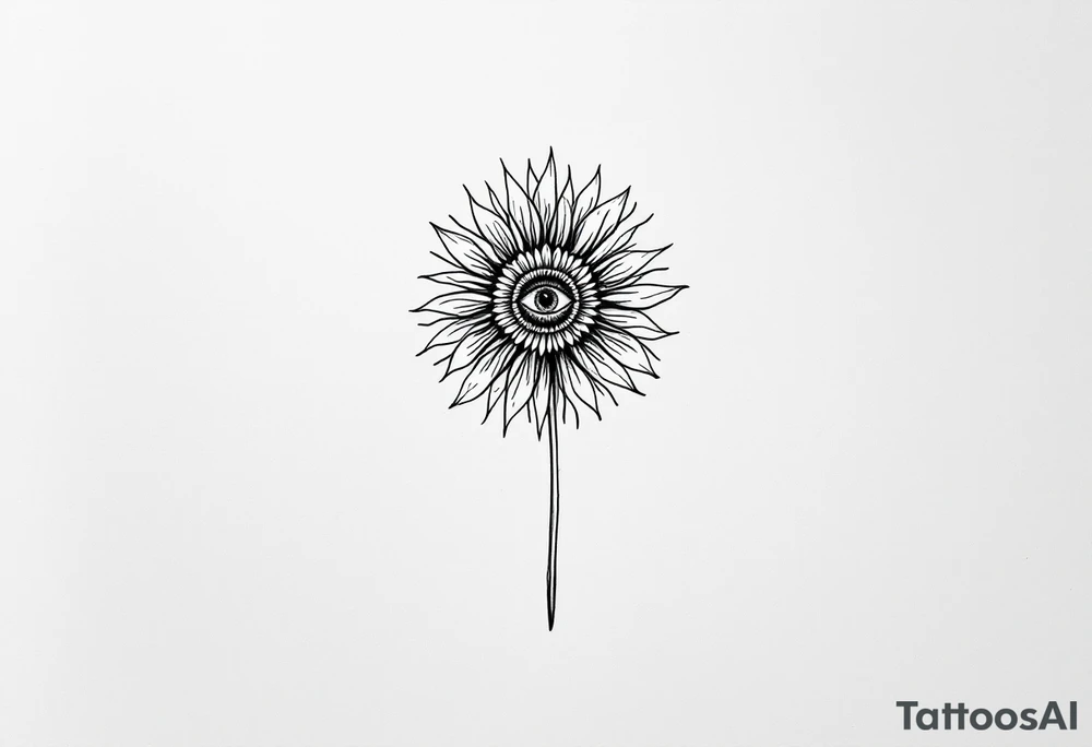 A long flower with stalk and with the centre being an eye and around the petals having black sunrays tattoo idea