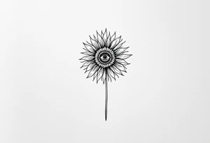 A long flower with stalk and with the centre being an eye and around the petals having black sunrays tattoo idea