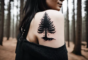 Tattoo with the words "see the forest for the trees" in any style font, around a tree in any way. black and white, tattoo, simple, elegant, pine tree, fine-line, easy to read tattoo idea