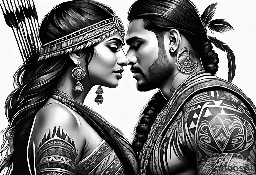 tribal indian couples with bow and arrows tattoo idea