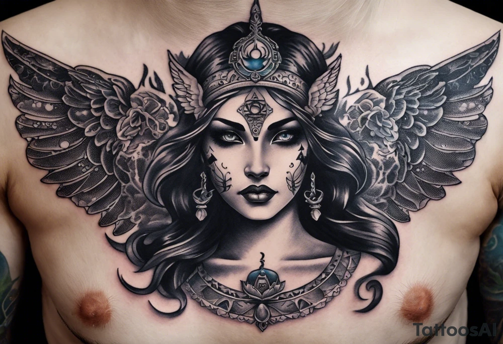 black kali, goddess pirate, alien, angel, pachamama, valkrye, warrior, flying, skull, lotus azul, wing, eagle, zenza resonance, stars, 5D, anahata chakra, death, durga, riding on a tiger, flying lady, kundalini, chest tatoo tattoo idea