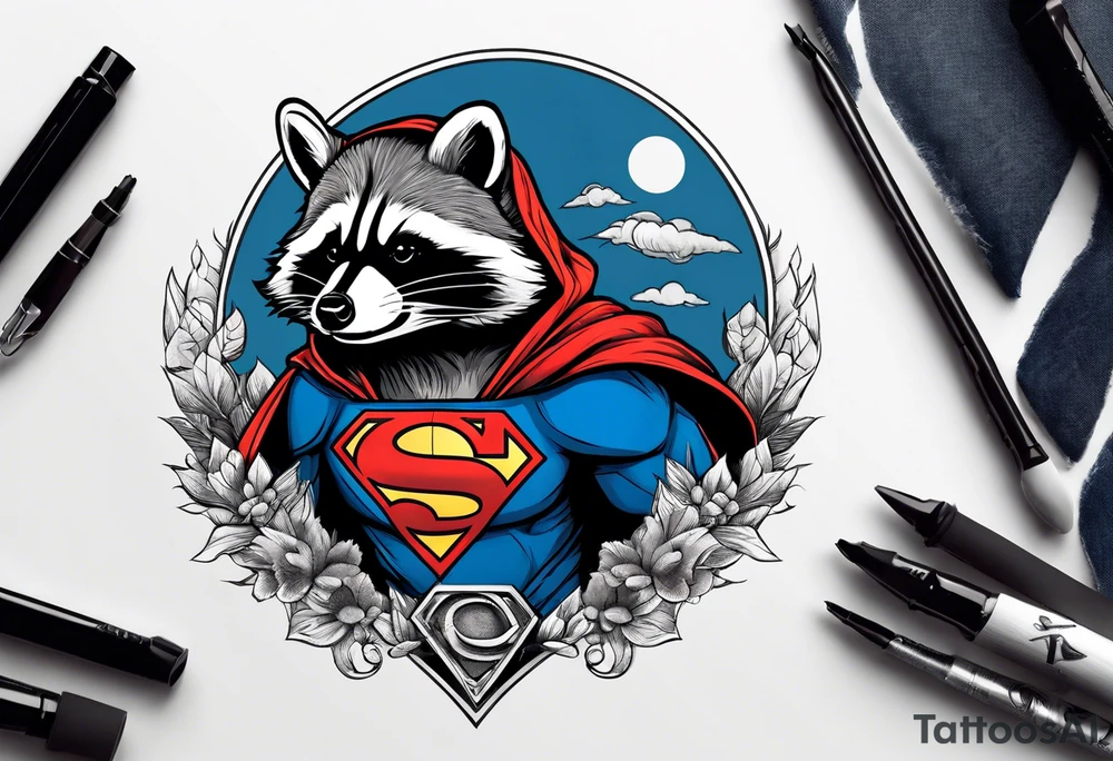 raccoon wearing a Superman hoodie tattoo idea
