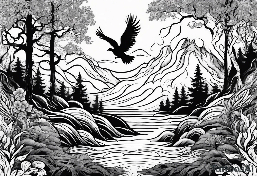 forest with water flowing and phoenix and roots and reflection waves and three birds tattoo idea