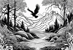 forest with water flowing and phoenix and roots and reflection waves and three birds tattoo idea