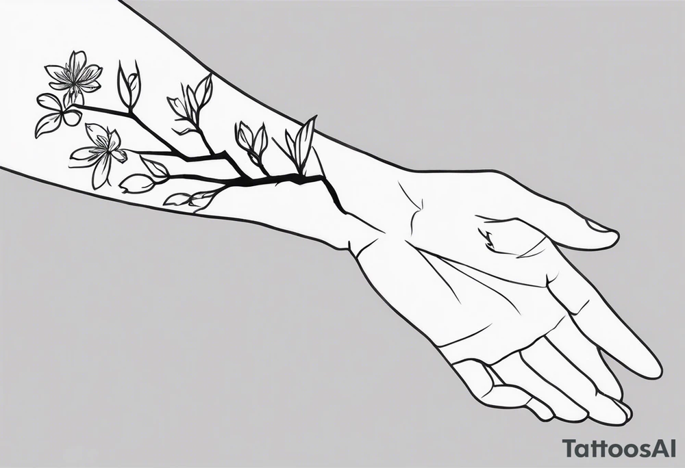 Sure thing! To guide the AI in drawing your tattoo design, you can provide step-by-step instructions like this:

1. Start by drawing a human hand pointing at a skeleton hand on the left shoulder.
2. From the wrist of the human hand, draw a cherry blossom branch sprouting out.
3. Let the branch travel down the arm, wrapping around the bicep once.
4. Narrow the branch to fit through a 7 cm gap on the forearm.
5. Finally, end the branch in a 10 cm gap on the wrist, adding more blossom flora to complete the design.

These detailed instructions should help the AI create a visual representation of your envisioned tattoo. tattoo idea