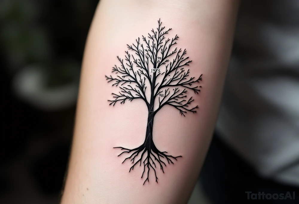 Modern geometric tree, made of straight lines and triangles, each node containing a dates 1945, 1975, 2005. Black ink with soft green shading for branches. tattoo idea