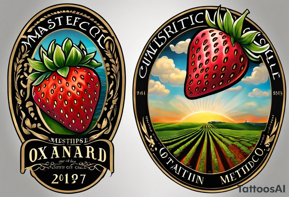 Tattoo of my hometown of Oxnard, CA
Tattoo must have strawberry fields meeting with ocean
Tattoo must have Oxnard coordinates of: 34.2236192,-119.1310264

Add in the sun on top of the fields/ocean
Add in a gondola plaza
Only in black and white tattoo idea