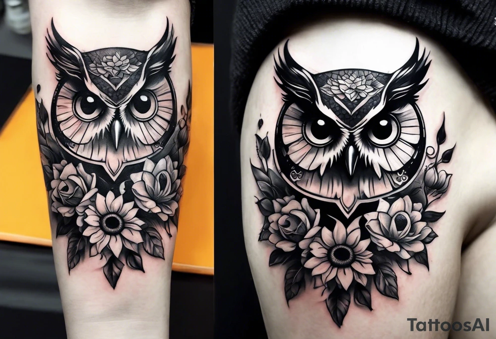 Small owl with sunflowers and butterflies arm sleeve tattoo idea