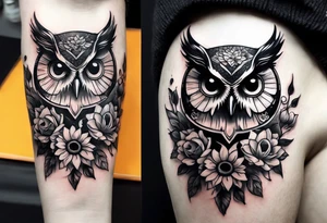 Small owl with sunflowers and butterflies arm sleeve tattoo idea