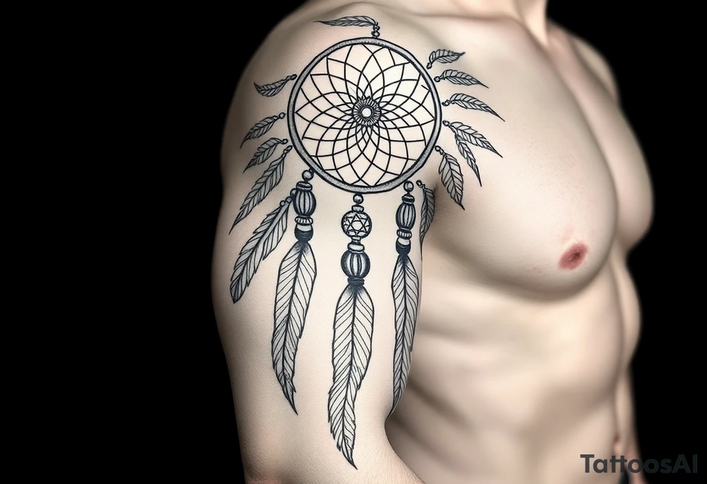 native dreamcatcher with flowing feathers and sacred beads tattoo idea
