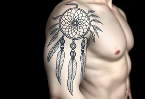 native dreamcatcher with flowing feathers and sacred beads tattoo idea