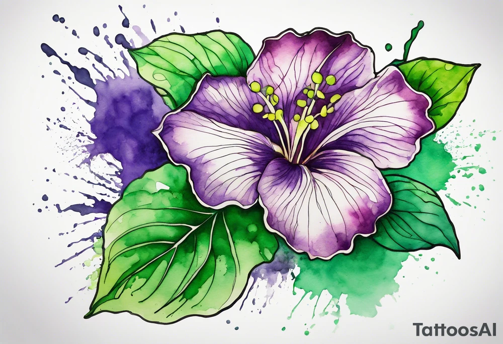 An outline of an only green rio dipladenia flower and a green and purple watercolor splash in the background tattoo idea