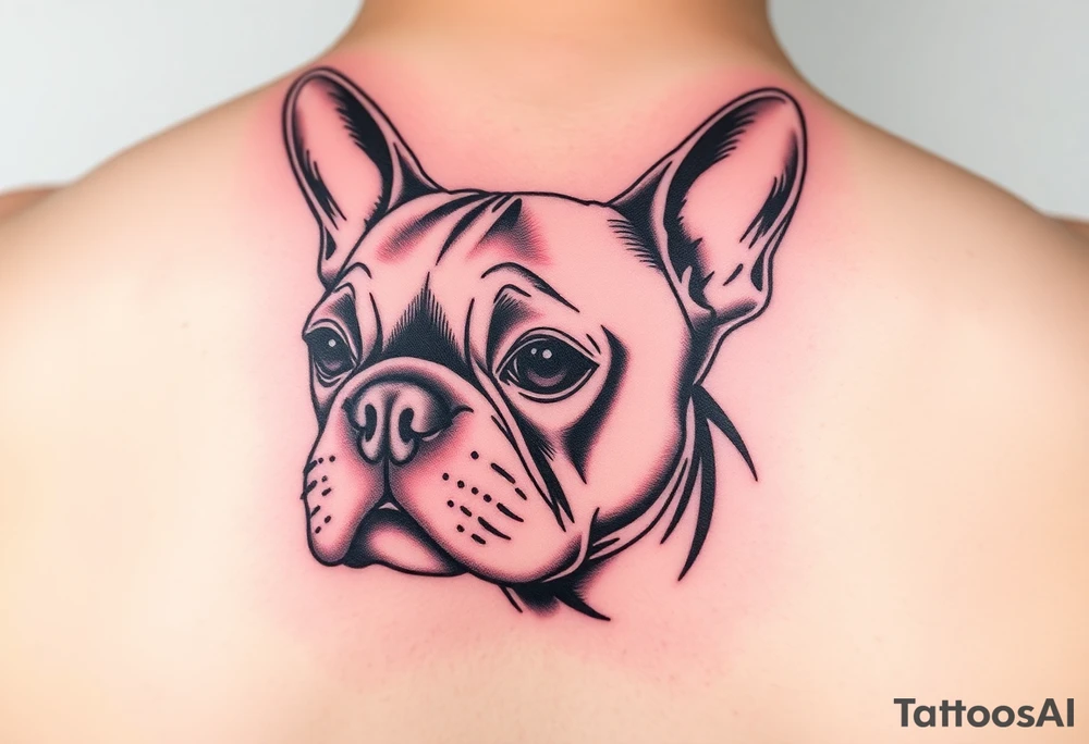 French bulldog, feminine ruby color tattoo idea