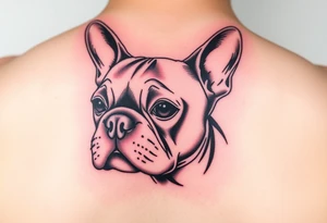 French bulldog, feminine ruby color tattoo idea