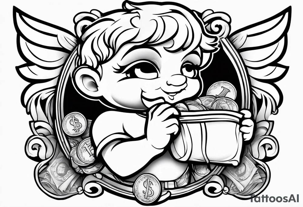 a cartoon cherub outline holding a bag of money tattoo idea